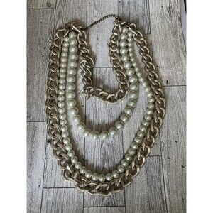 Chunky Chain Faux Pearl Necklace Fashion Jewelry Multi Layered Gold Tone